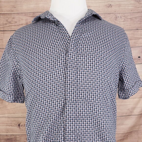 JOHN VARVATOS USA SHORT SLEEVE CHECK BUTTON DOWN SHIRT MENS SIZE L LARGE EUC - Picture 1 of 8